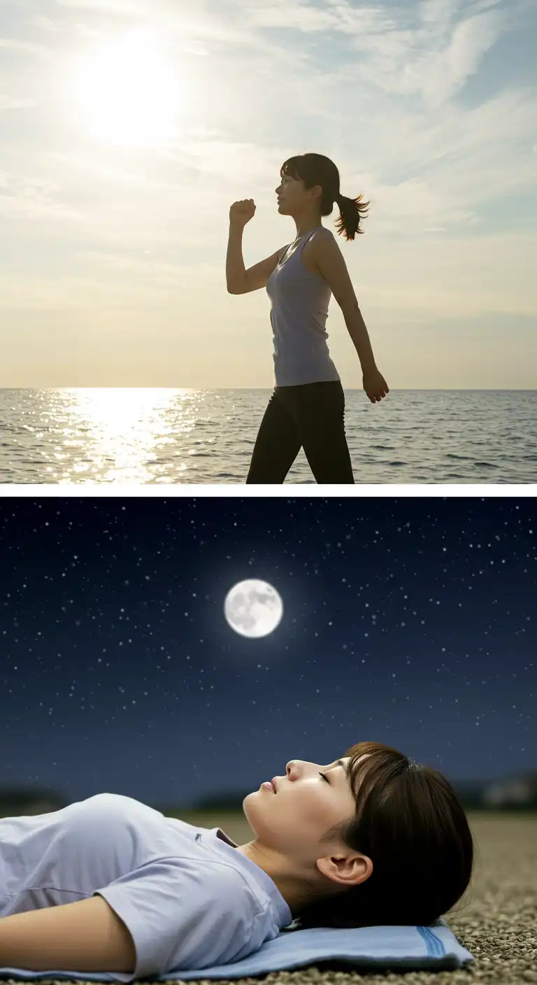 日中と夜運動をする女性